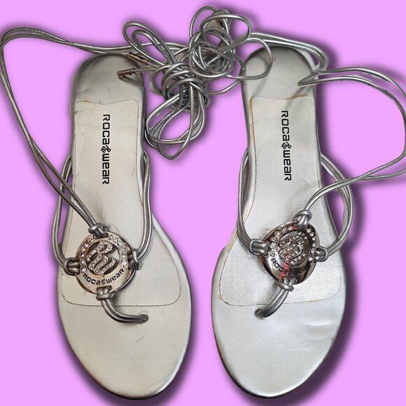 Y2K 2000s Rocawear Silver Rhinestone Sandals Flat Thong With Ties Womens US 9 - Picture 1 of 9